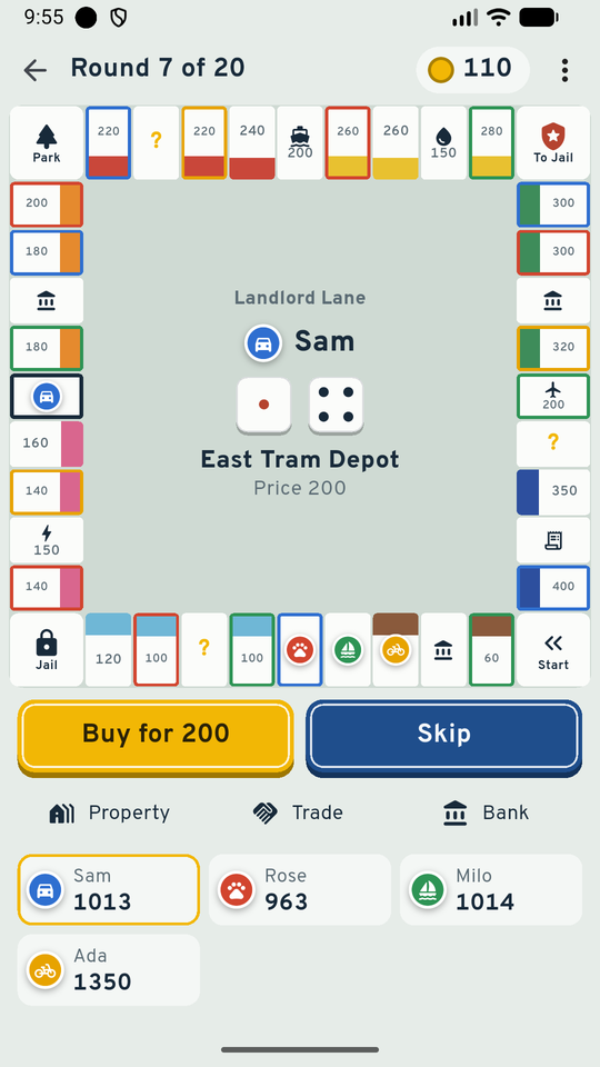 A game in progress, deciding whether to buy a transit line