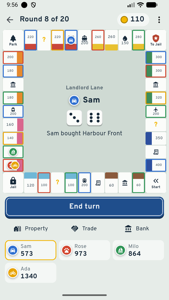 Your turn: the dice you rolled and the choice to end your turn