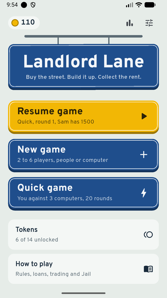 The home screen offering to resume an unfinished game