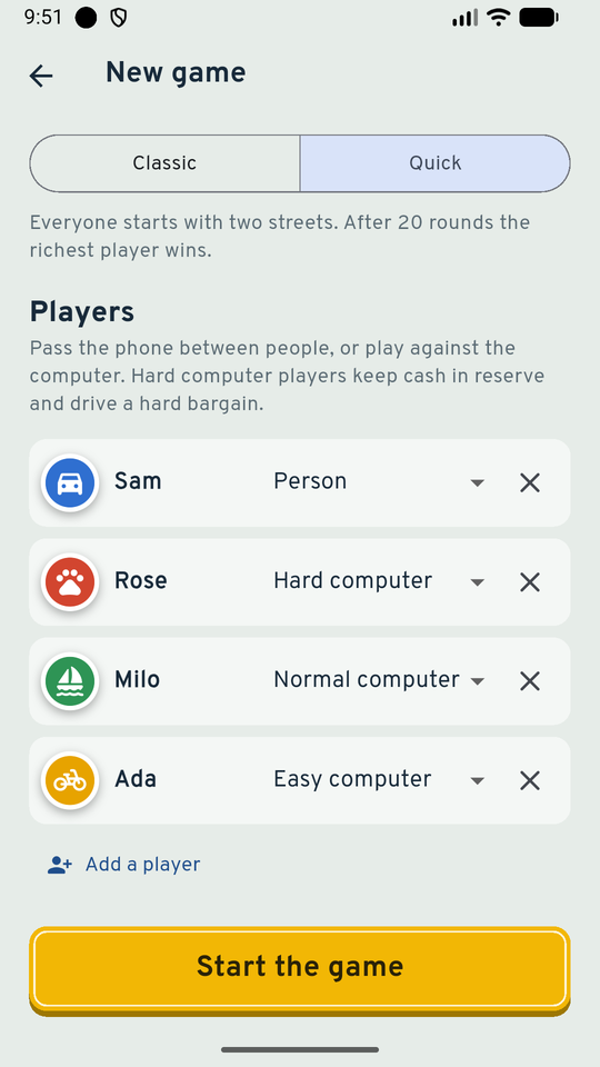 Setting up a game with one person and Hard, Normal and Easy computer players